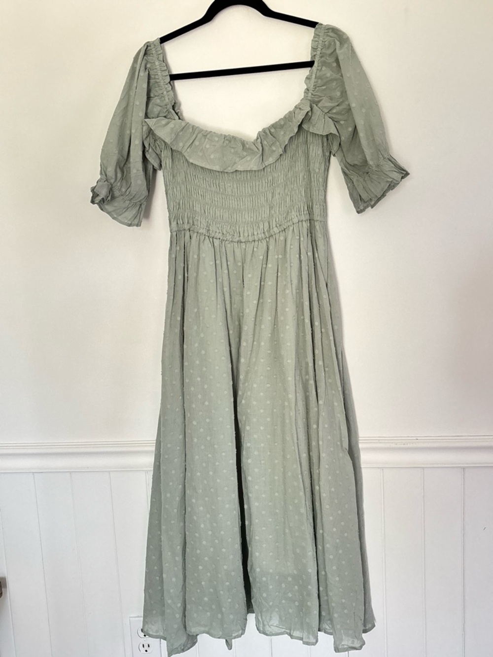 Sage Green Swiss Dot Smocked Midi Dress size Large New nwt Country Cottage c53 - Picture 12 of 16